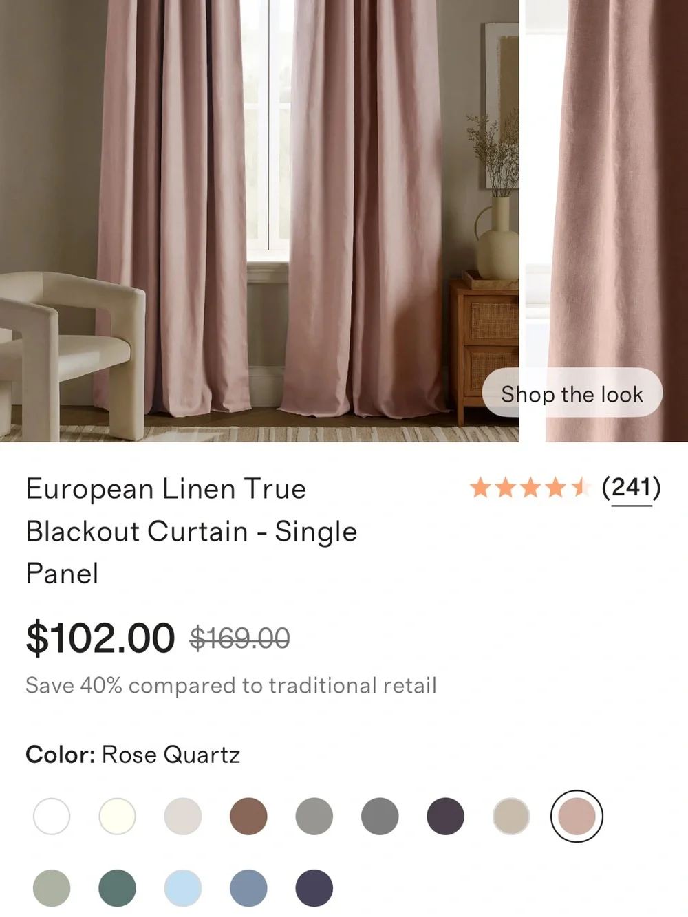 NWOT Quince 48x96 Rose Quartz Linen Blackout Drapery Panel - Retail $102